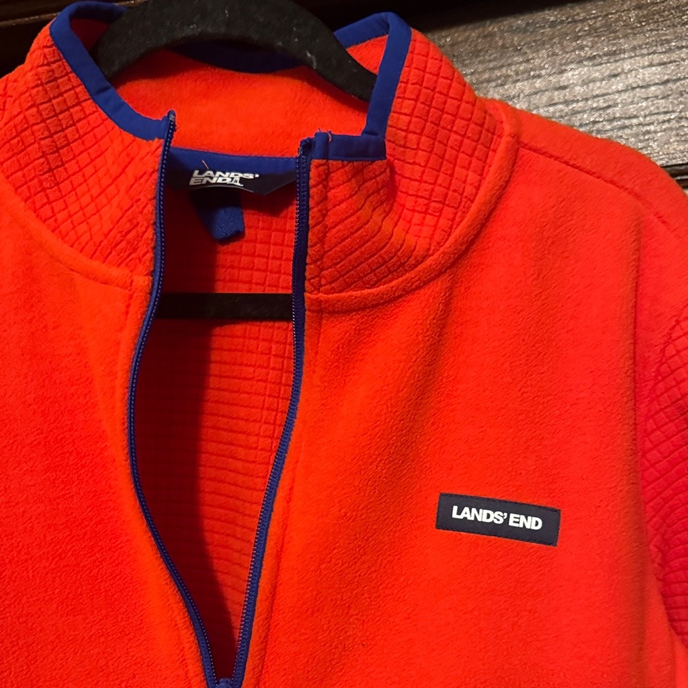 Lands' End Bright Red/Orange Fleece Jacket with Blue Trim - Picture 2 of 9